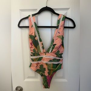 NWOT Farm Rio Pink Plunge One Piece Cheeky Swimsuit Banana Leaf Small